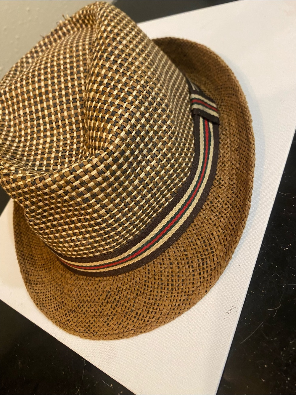Source Unknown Brown Woven Straw Fedora with Striped Band
